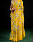 Clover - Yellow Floral Silk Chiffon Embroidered Saree