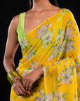 Clover - Yellow Floral Silk Chiffon Embroidered Saree