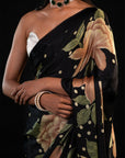 Sitara - Black Floral Print Silk Saree