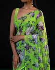 Mehfil - Parrot Green Floral Print Saree