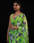 Mehfil - Parrot Green Floral Print Saree