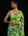 Mehfil - Parrot Green Floral Print Saree