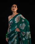 Meadow - Green Floral Silk Chiffon Embroidered Saree