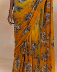Party Wear Yellow Floral Print Chiffon Sarees
