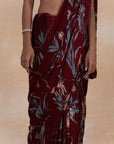 Wine Floral Print Pure Chiffon Sarees