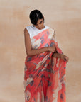 Peach Floral Print Chiffon Sarees Online