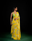 Clover - Yellow Floral Silk Chiffon Embroidered Saree