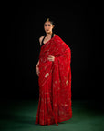 Harvest - Red Silk Chiffon Embroidered Saree