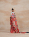 Peach Floral Print Hand Crafted Chiffon Sarees Online