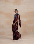 Wine Floral Print Pure Silk Sarees