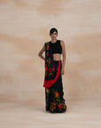 Elegant Black Floral Hand Painted Designer Crepe Sarees