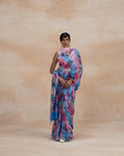 Pink & Blue Striped Floral Chiffon Sarees