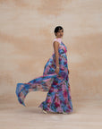 Pink & Blue Striped Floral Print Chiffon Sarees