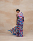 Designer Pink & Blue Striped Floral Satin Sarees