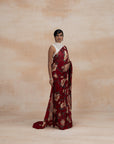 Brick Red Floral Pure Silk Sarees in Chiffon & Crepe