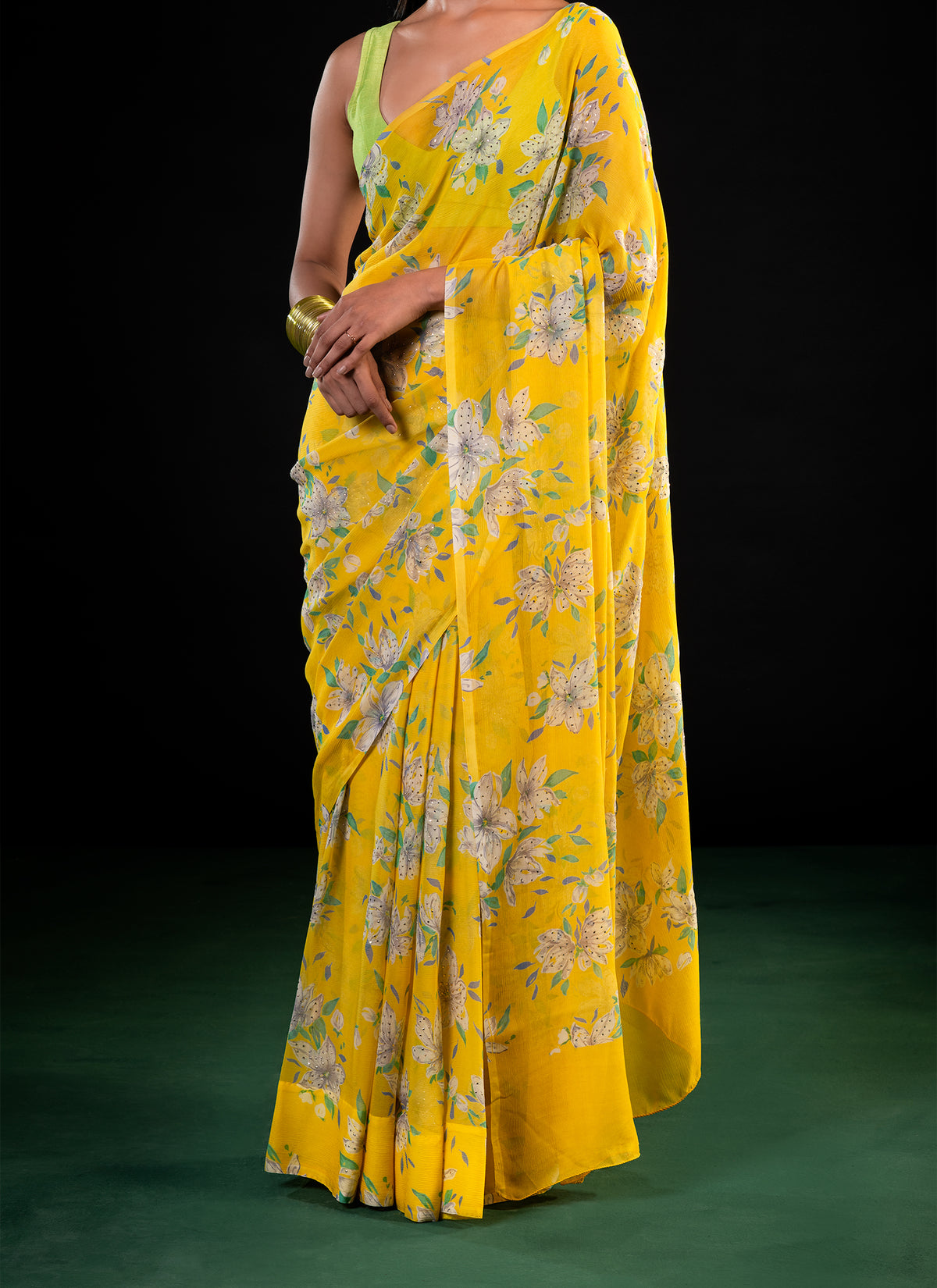 Clover - Yellow Floral Silk Chiffon Embroidered Saree