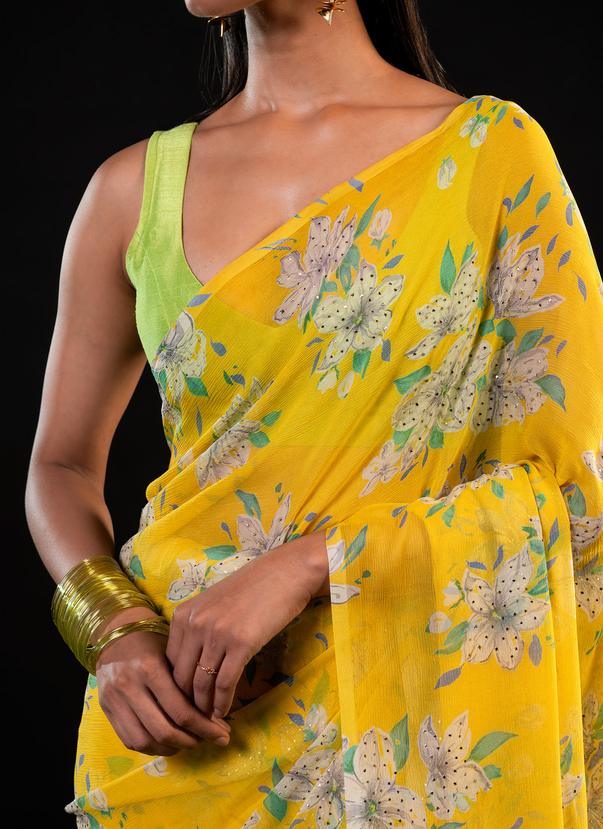 Clover - Yellow Floral Silk Chiffon Embroidered Saree