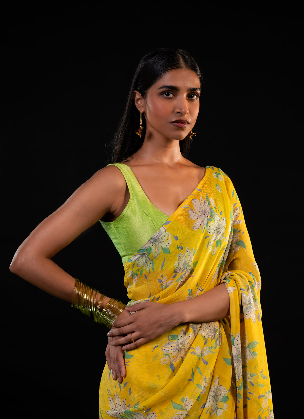 Clover - Yellow Floral Silk Chiffon Embroidered Saree