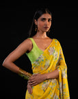 Clover - Yellow Floral Silk Chiffon Embroidered Saree