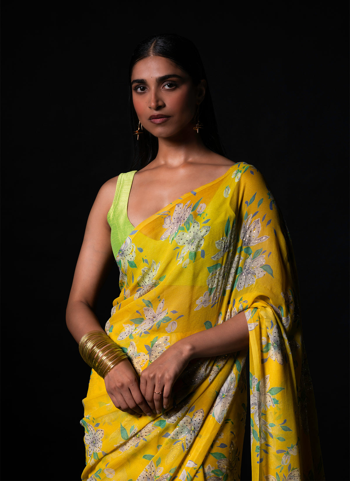 Clover - Yellow Floral Silk Chiffon Embroidered Saree