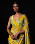 Clover - Yellow Floral Silk Chiffon Embroidered Saree