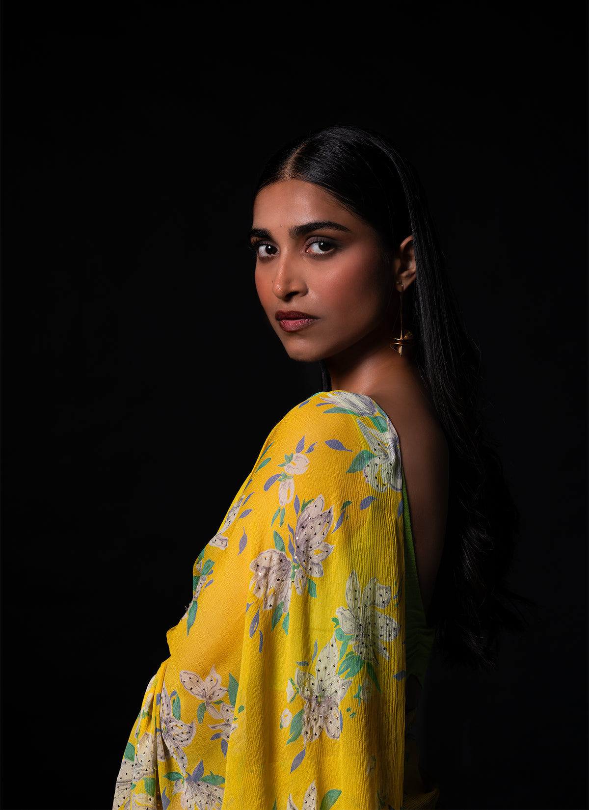 Clover - Yellow Floral Silk Chiffon Embroidered Saree