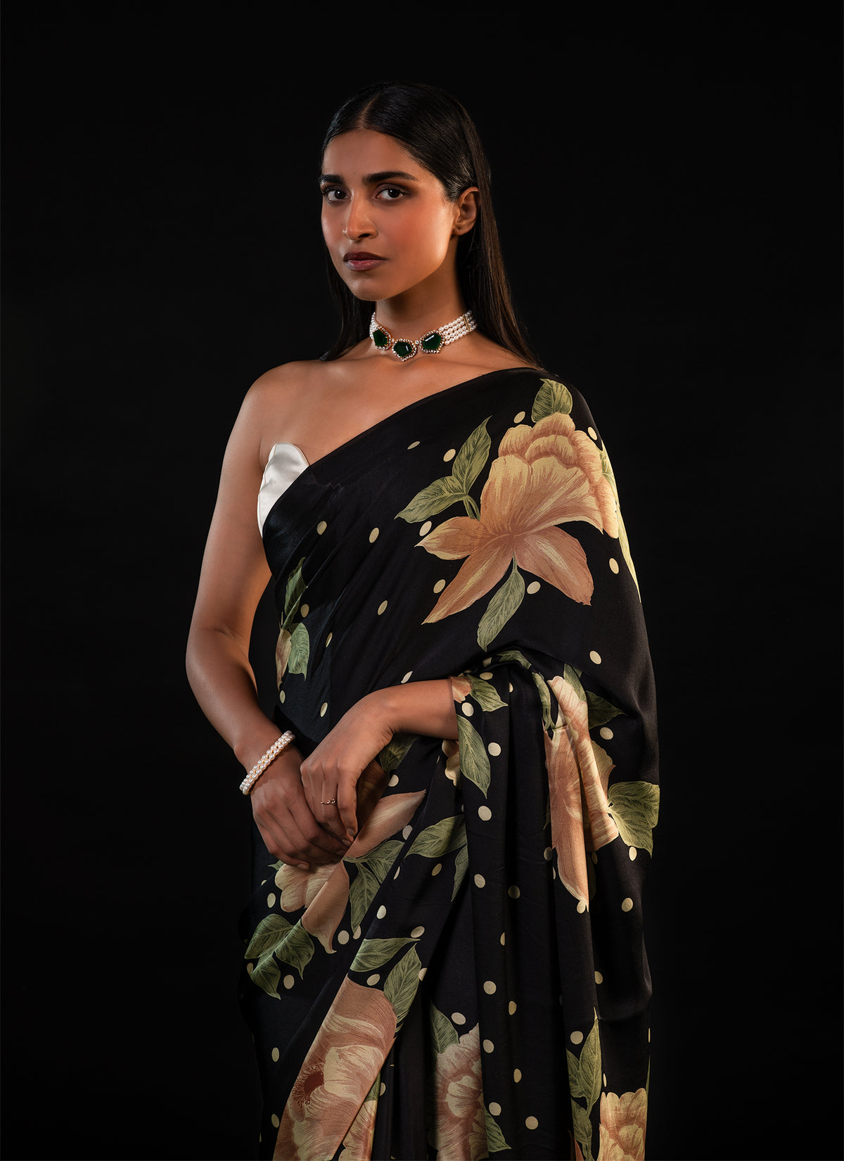 Sitara - Black Floral Print Silk Saree