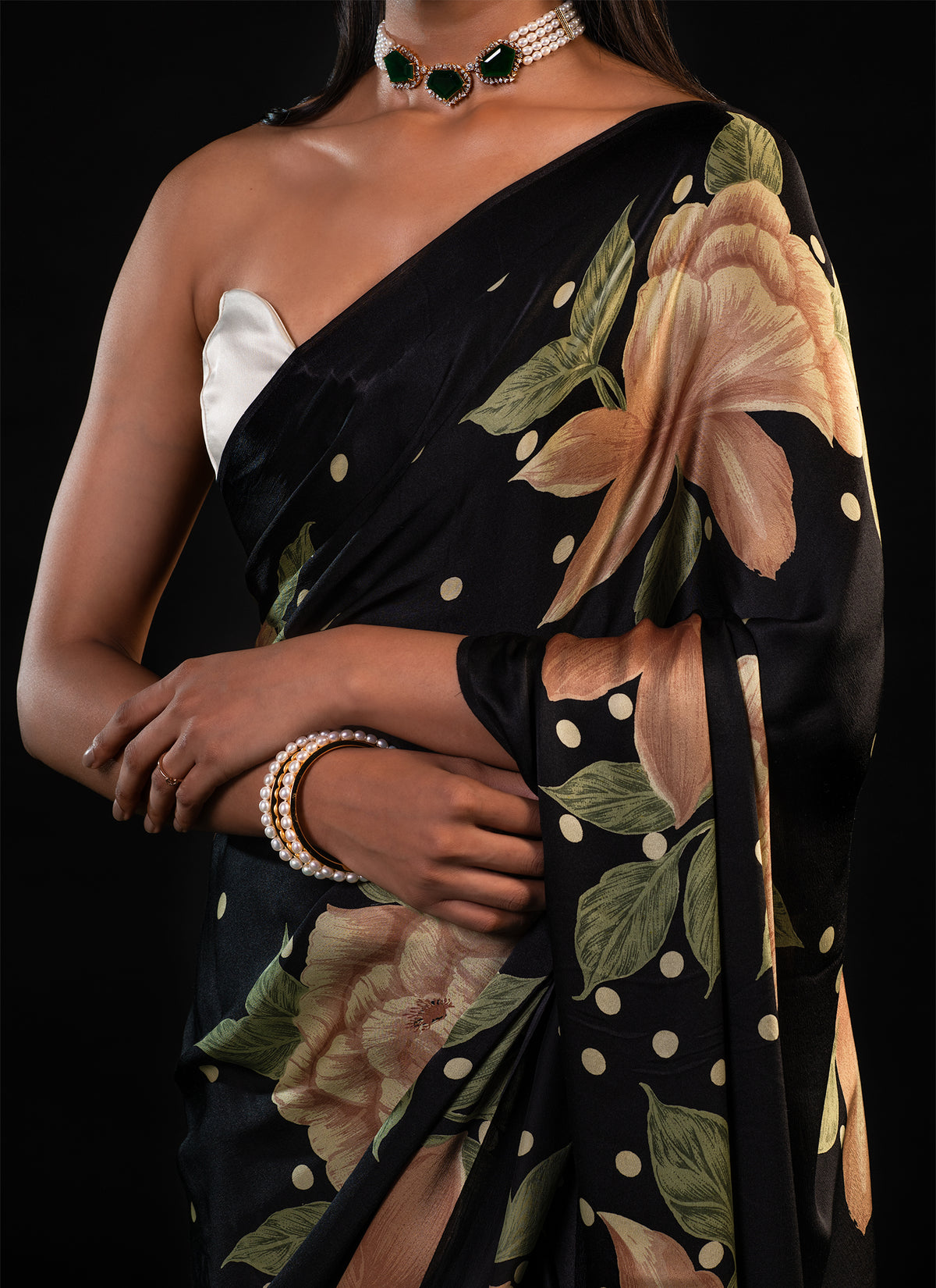 Sitara - Black Floral Print Silk Saree