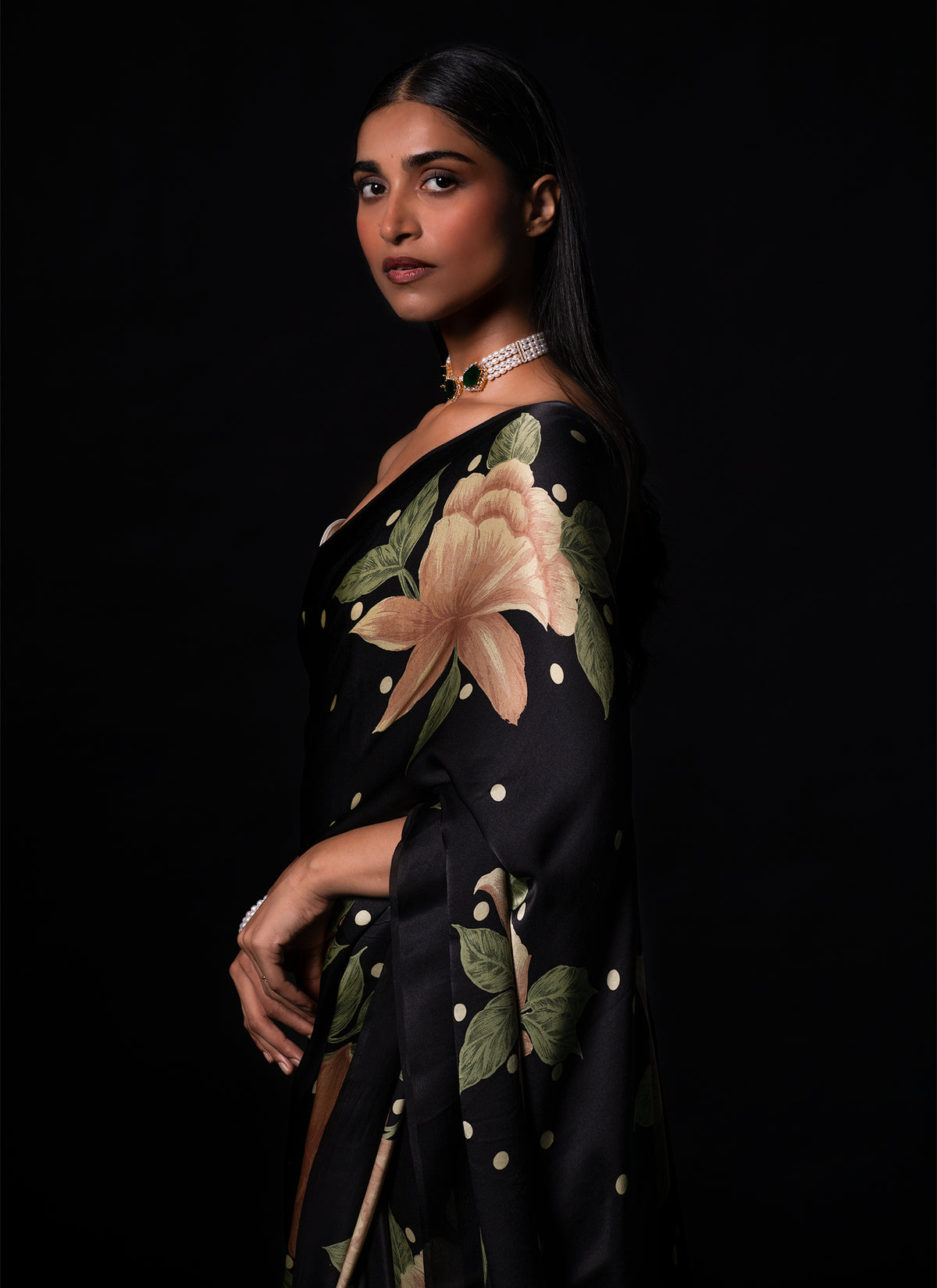 Sitara - Black Floral Print Silk Saree