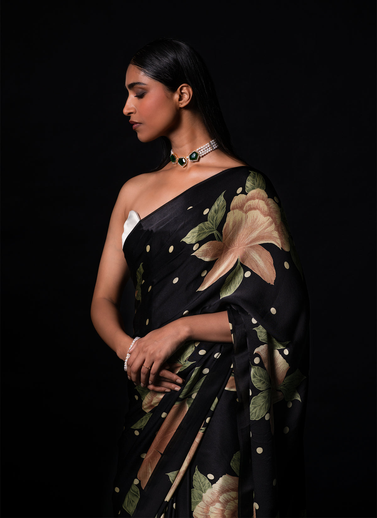 Sitara - Black Floral Print Silk Saree