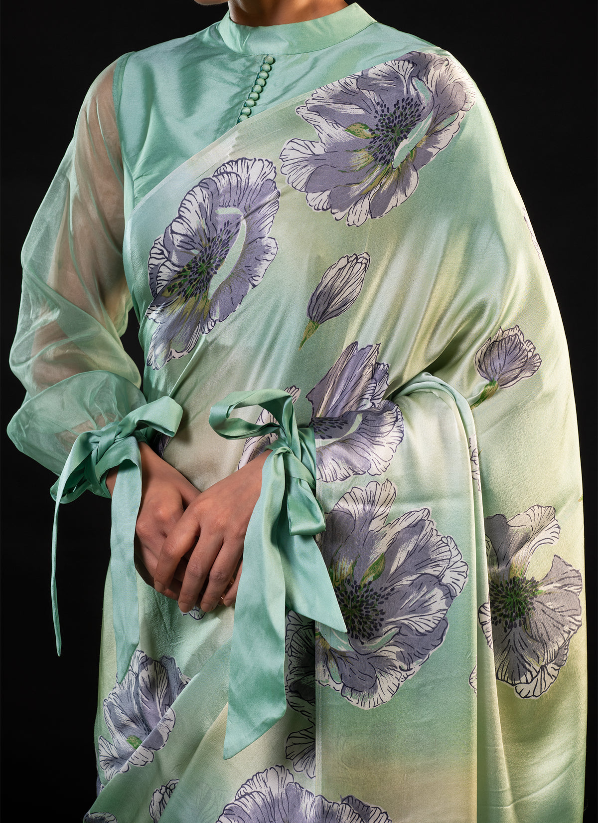 Neel - Mint Floral Print Silk Saree