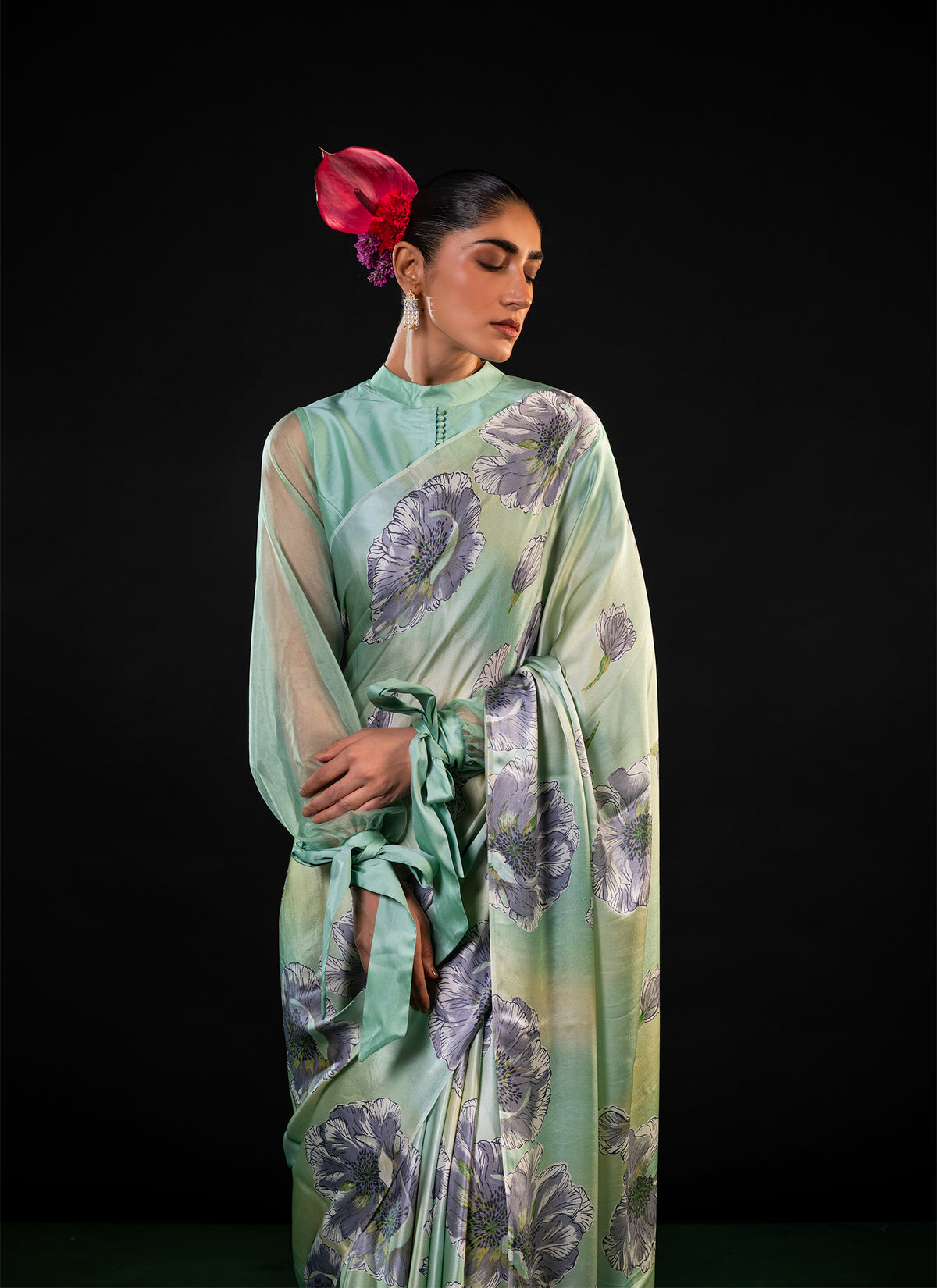 Neel - Mint Floral Print Silk Saree