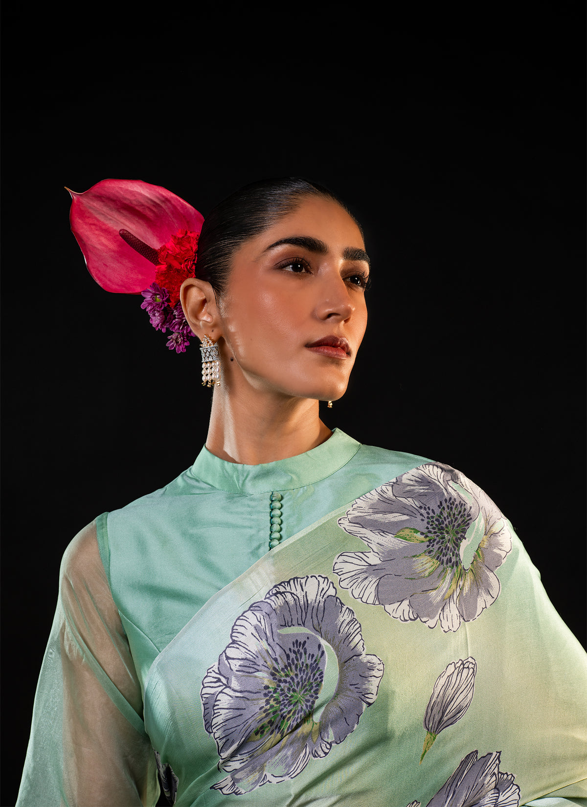 Neel - Mint Floral Print Silk Saree