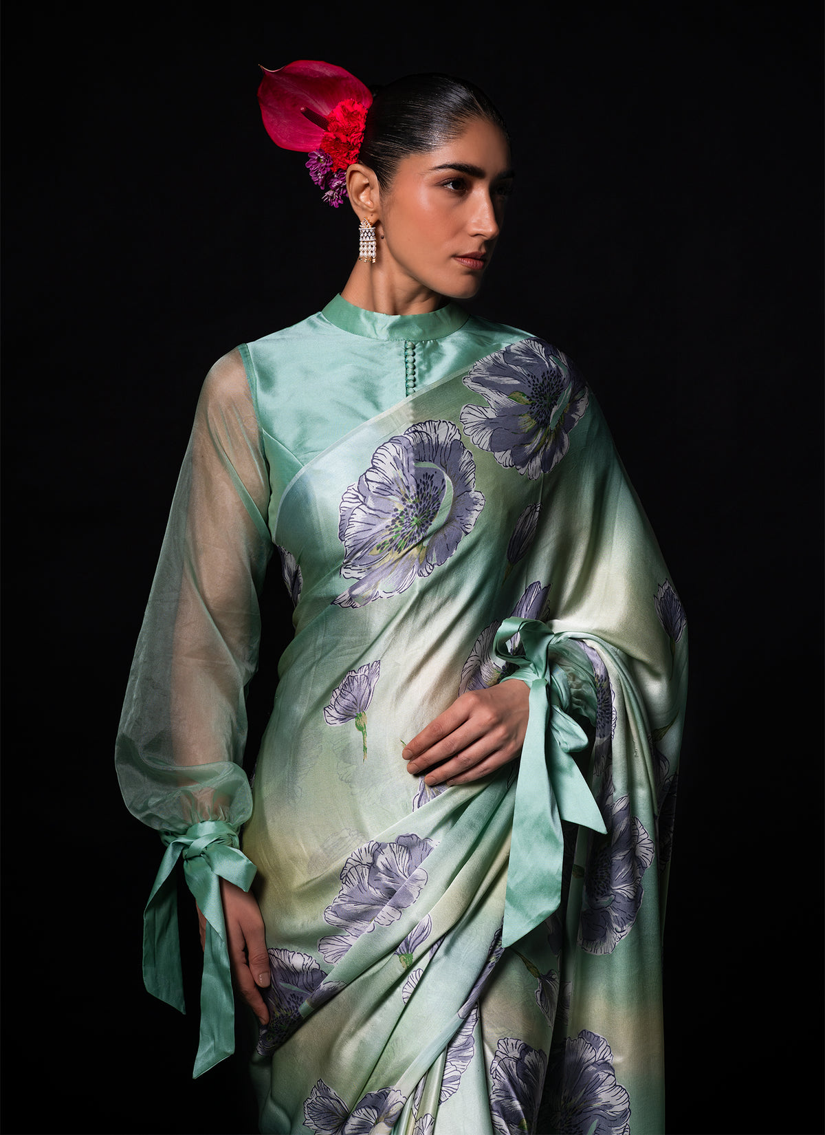 Neel - Mint Floral Print Silk Saree