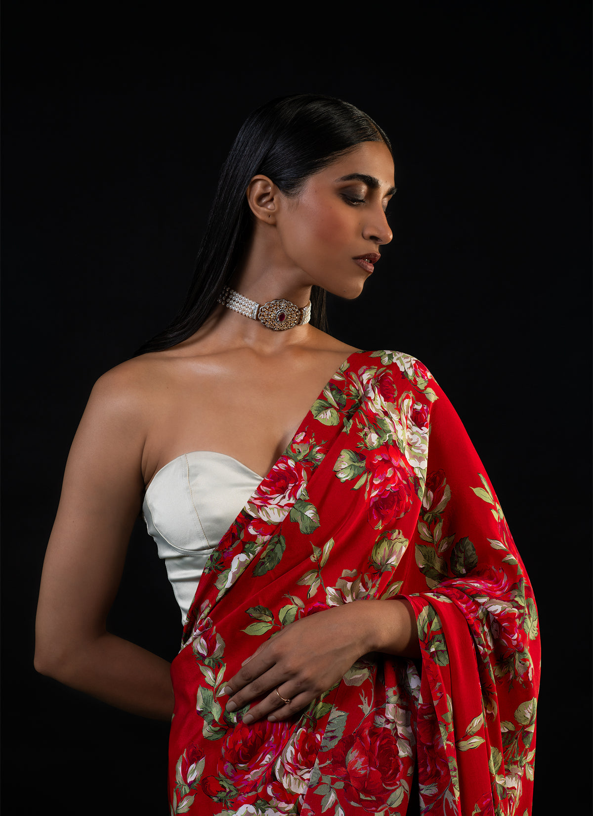 Bagh - Red Floral Print Saree