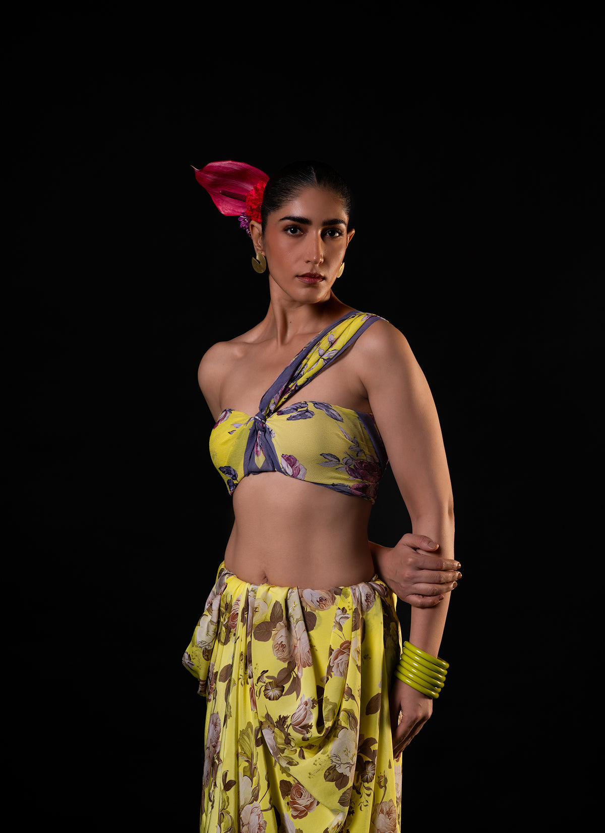 Mehfil - Lemon Floral Print Saree