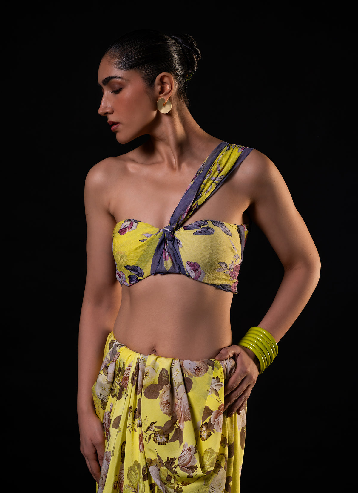 Mehfil - Lemon Floral Print Saree