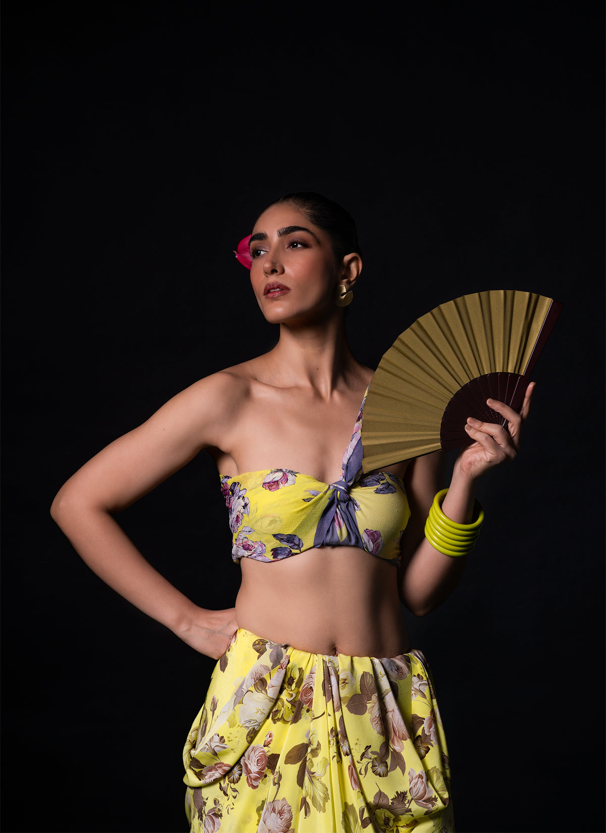 Mehfil - Lemon Floral Print Saree