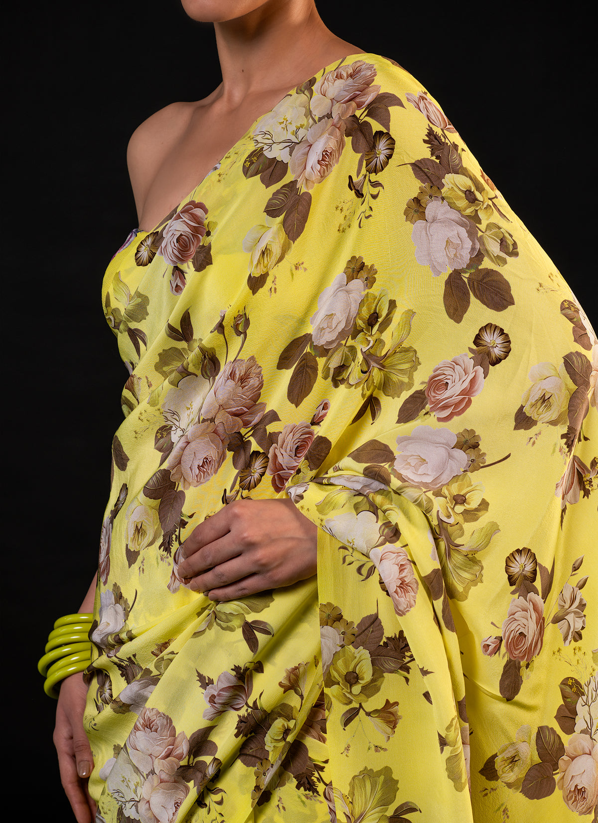 Mehfil - Lemon Floral Print Saree