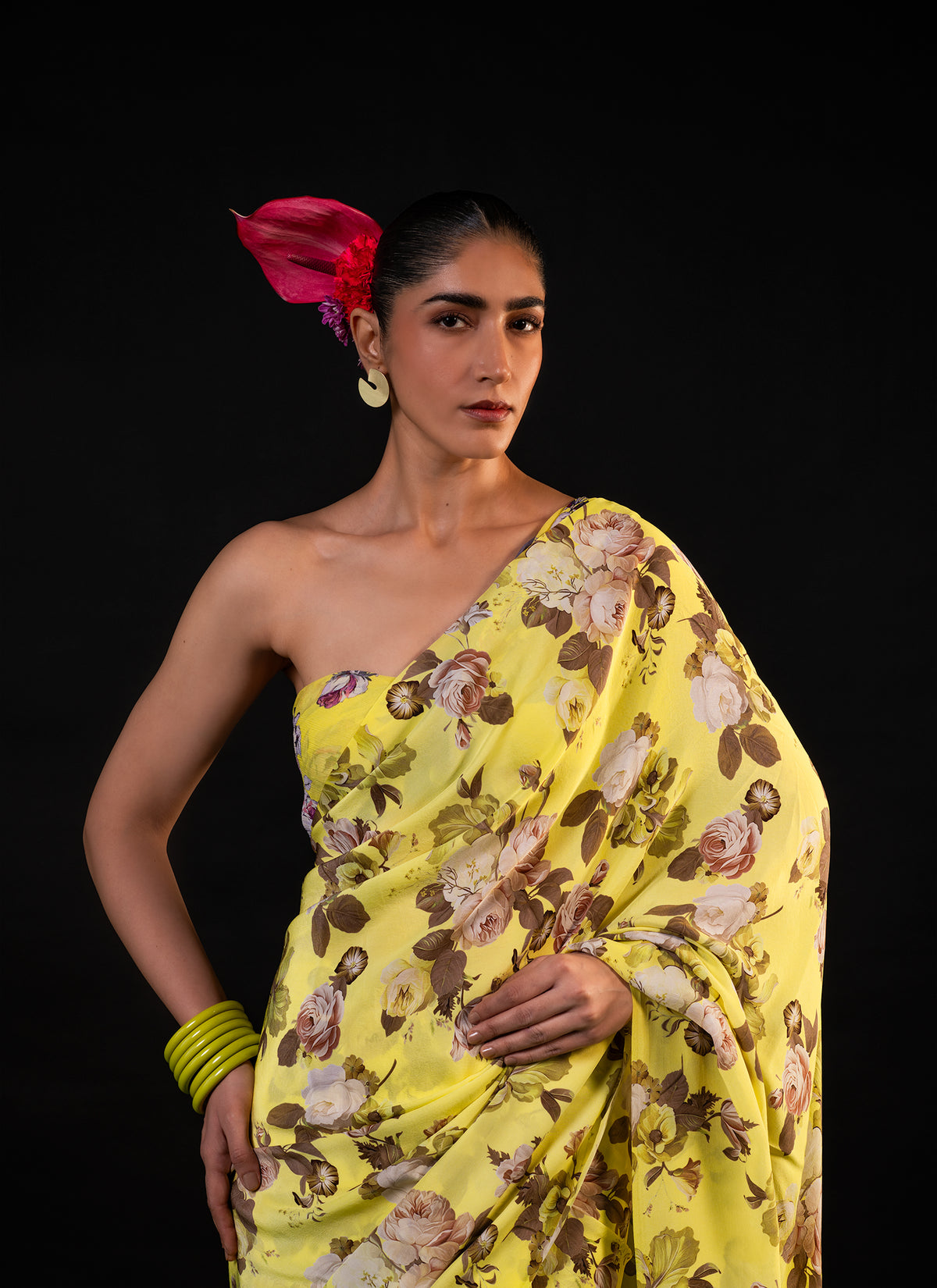 Mehfil - Lemon Floral Print Saree