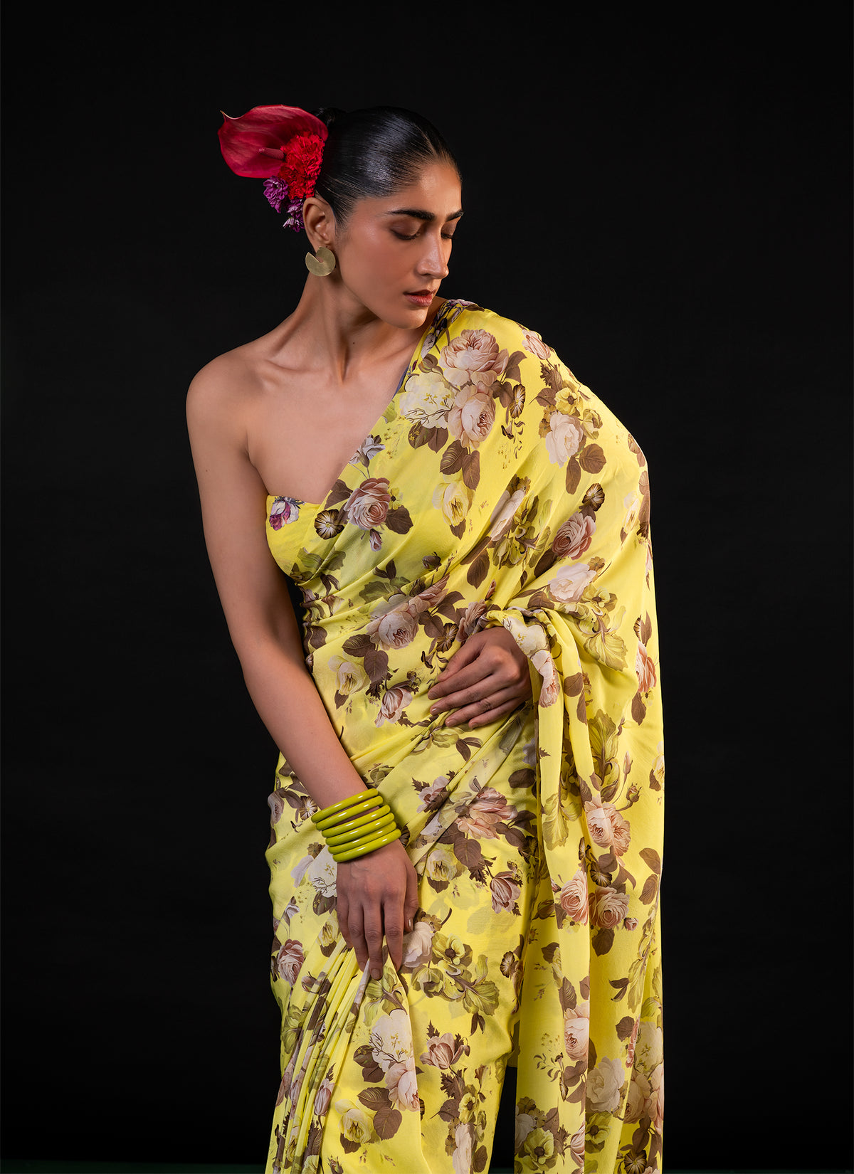 Mehfil - Lemon Floral Print Saree