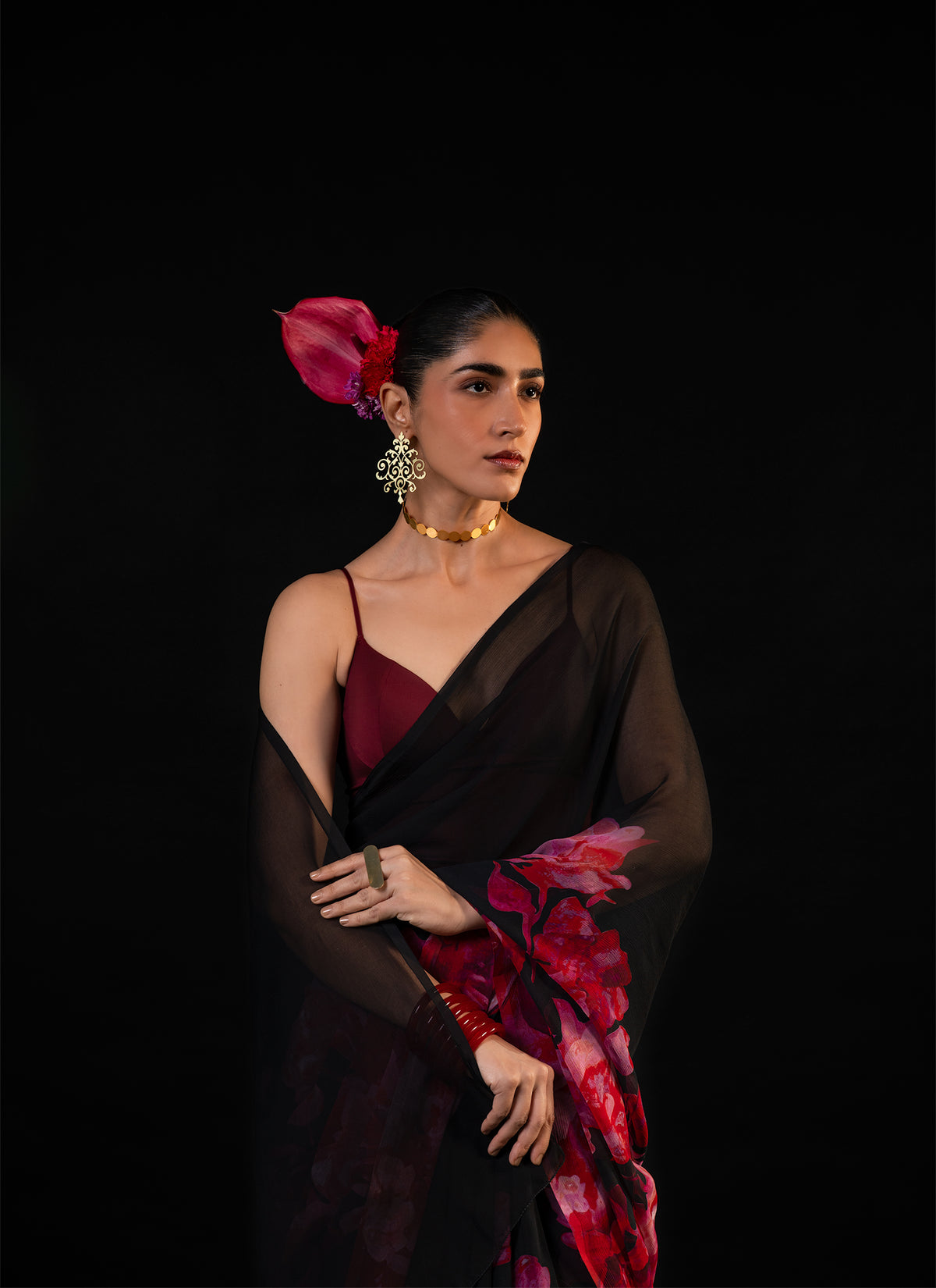 Sawan - Black Floral Print Saree