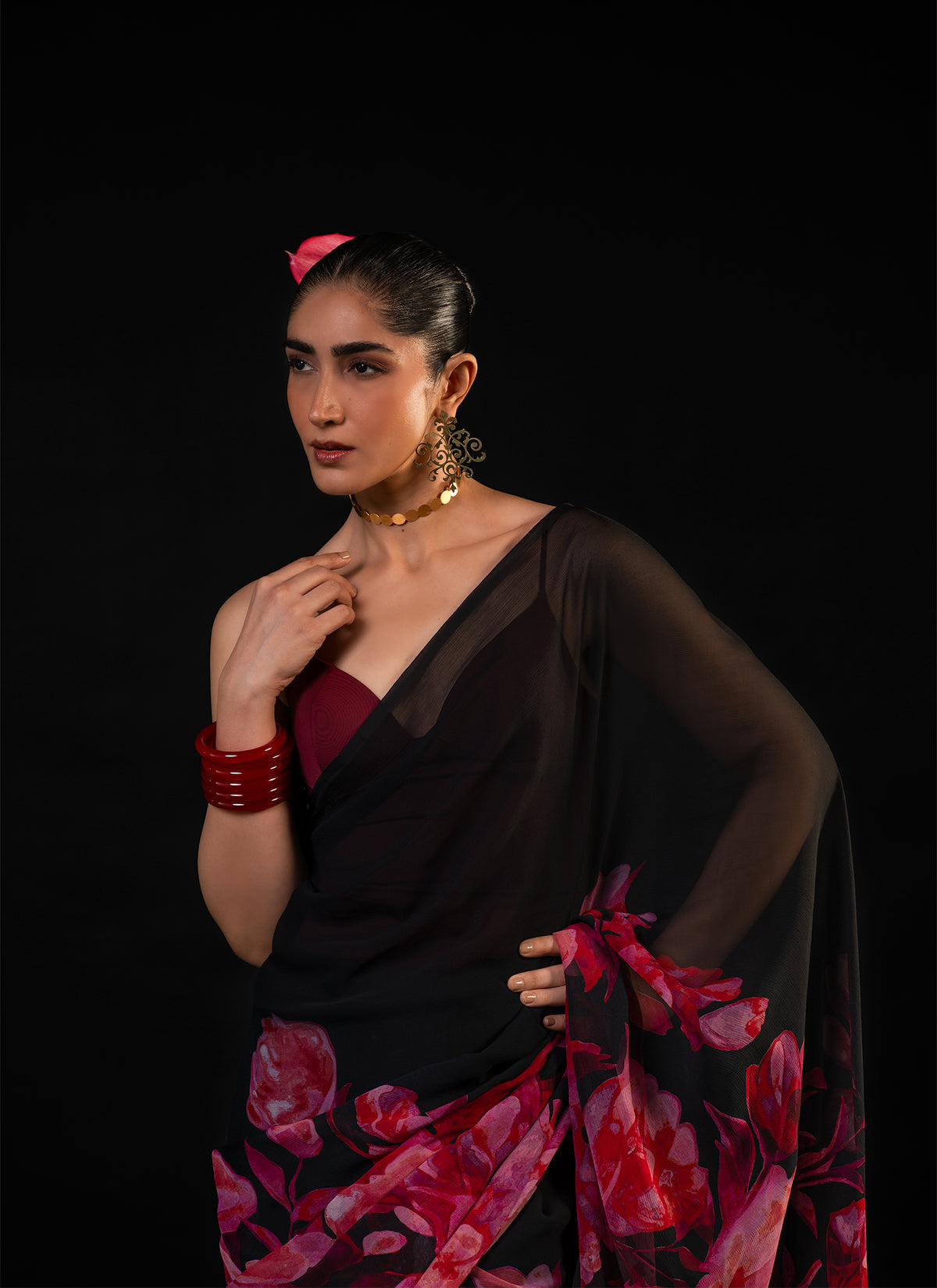 Sawan - Black Floral Print Saree