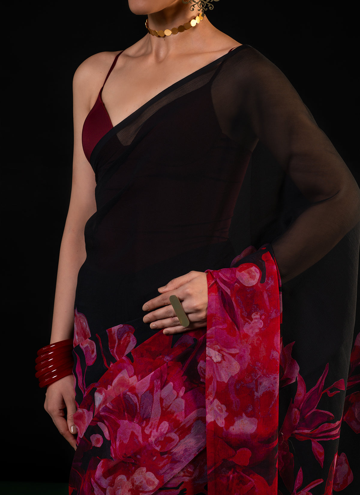 Sawan - Black Floral Print Saree
