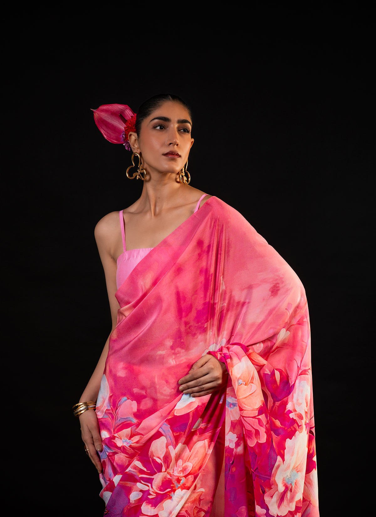 Sawan - Coral Floral Print Saree