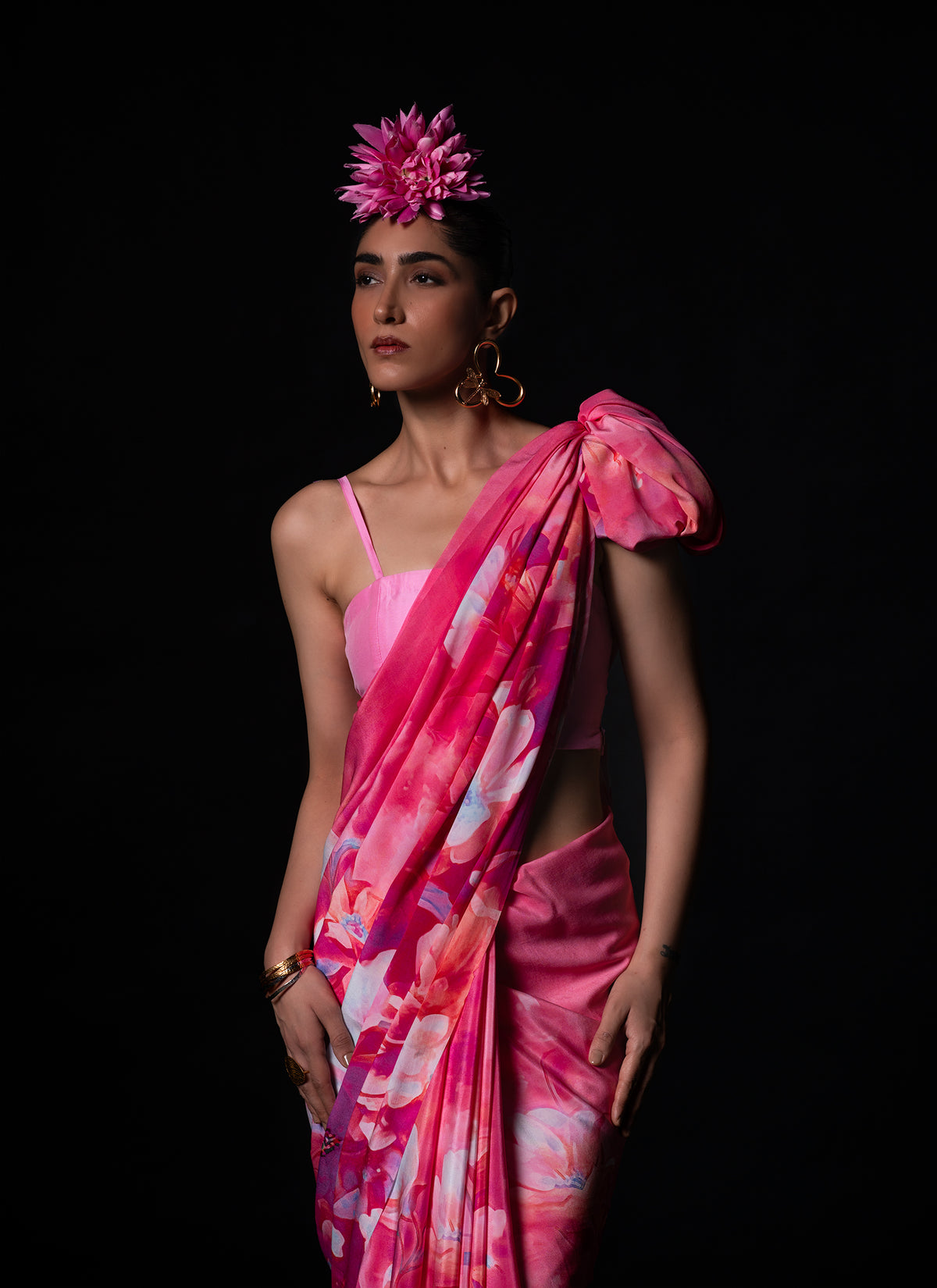 Sawan - Coral Floral Print Saree