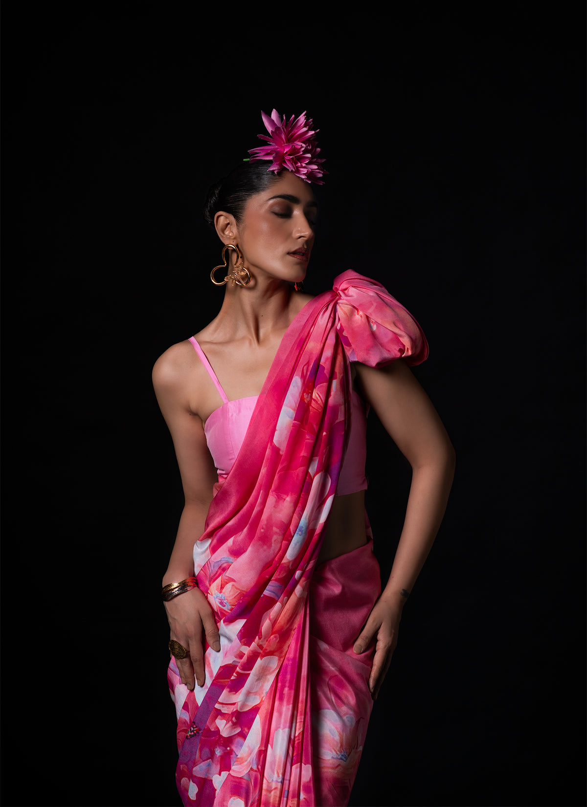 Sawan - Coral Floral Print Saree