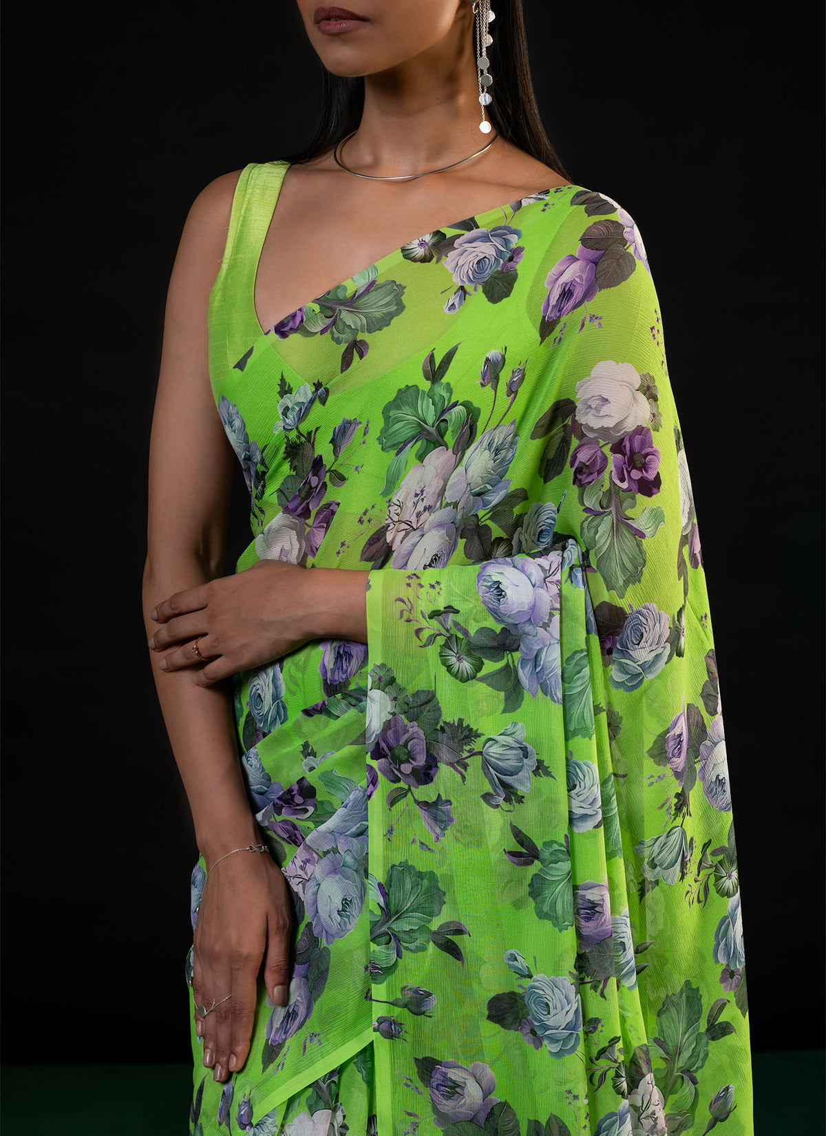 Mehfil - Parrot Green Floral Print Saree