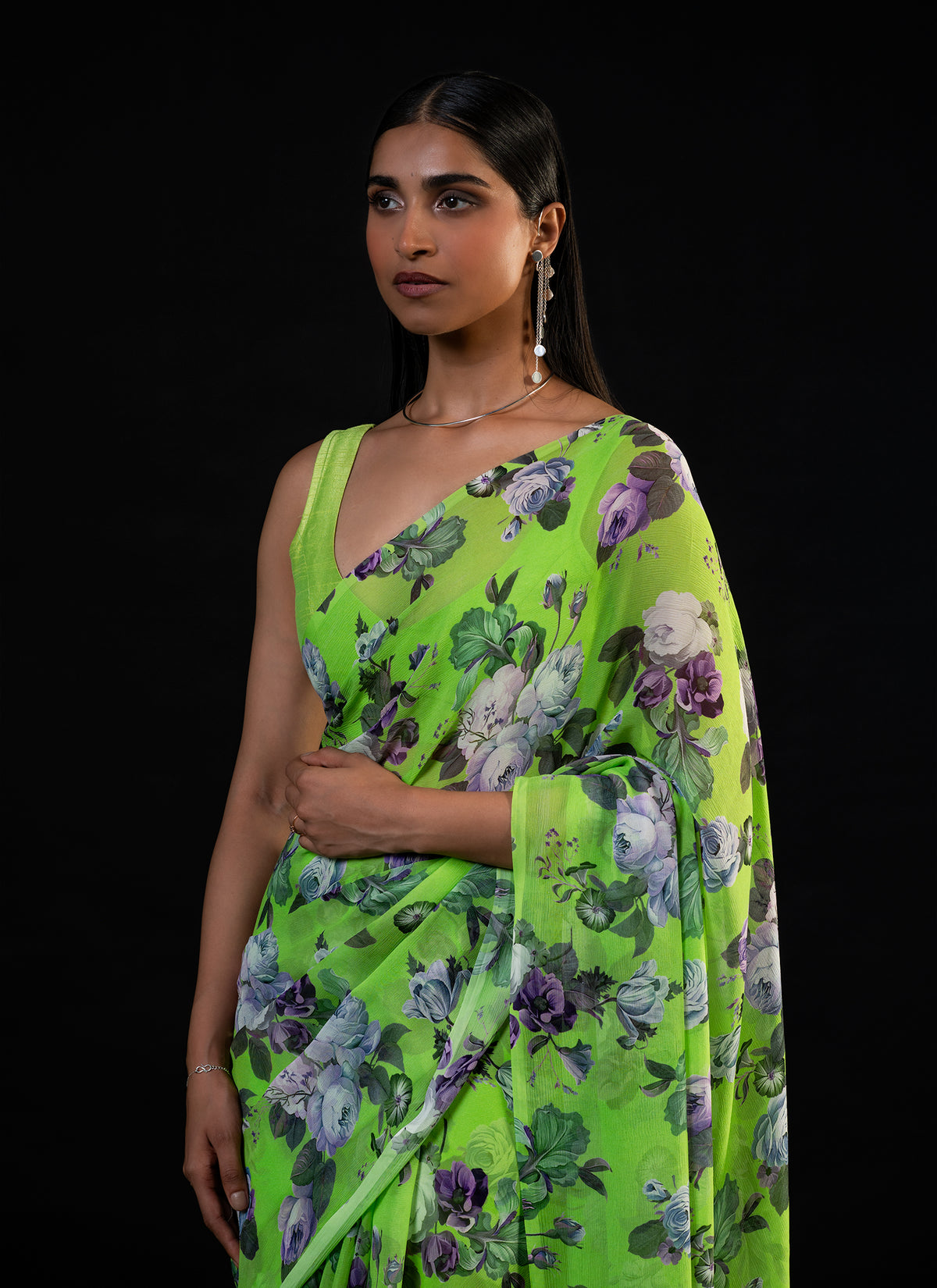 Mehfil - Parrot Green Floral Print Saree