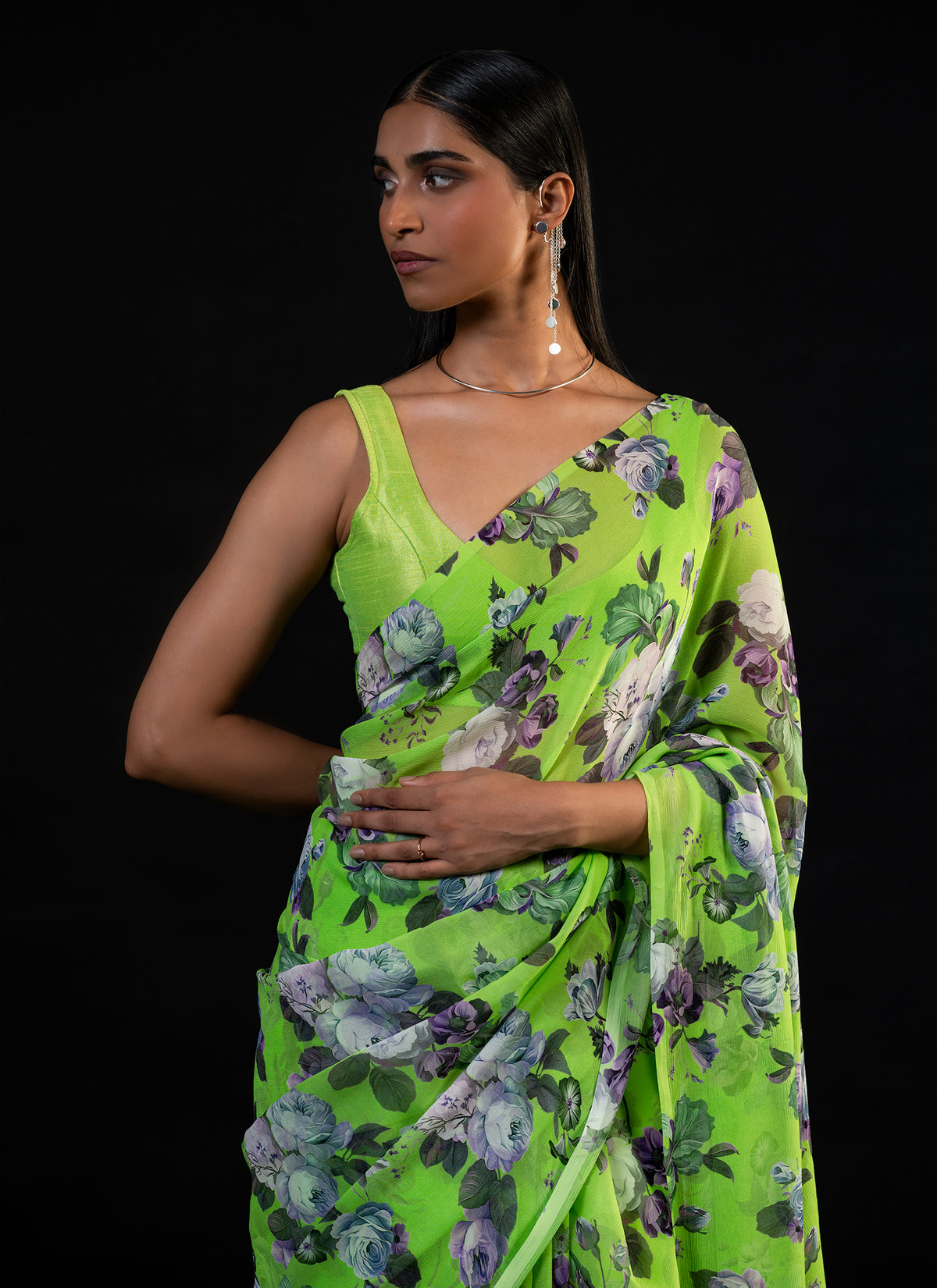 Mehfil - Parrot Green Floral Print Saree